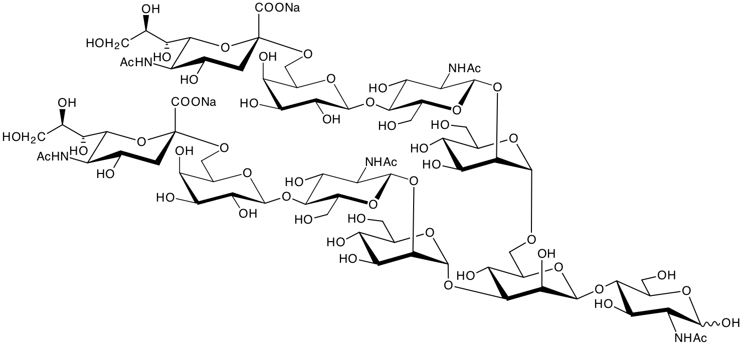 structure of NeuNAcalpha2,6Galbeta1,4GlcNAcbeta1,2Manalpha1,3 (NeuNAcalpha2,6Galbeta1,4GlcNAcbeta1,2Manalpha1,6) Manbeta1,4GlcNAc disodium salt structure of NeuNAcalpha2,6Galbeta1,4GlcNAcbeta1,2Manalpha1,3 (NeuNAcalpha2,6Galbeta1,4GlcNAcbeta1,2Manalpha1,6) Manbeta1,4GlcNAc disodium salt