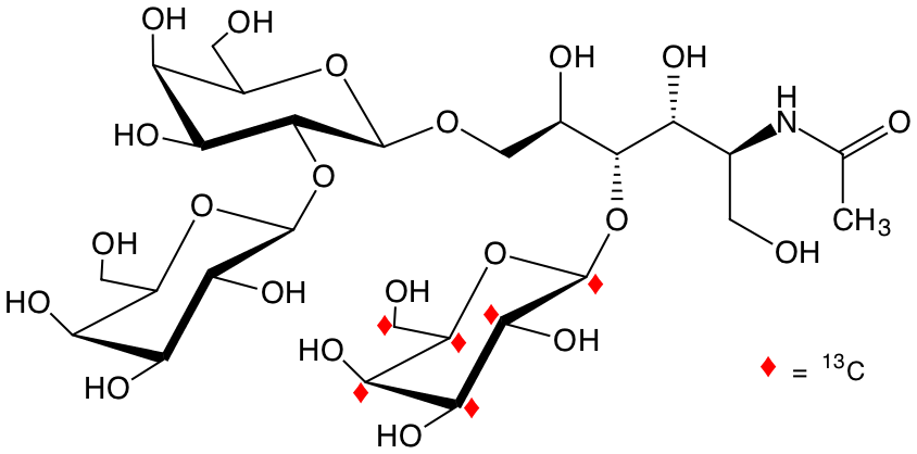 structure of Galp-b2-Galp-b6-(U-13C6-Galp-b4)-GlcNAcitol structure of Galp-b2-Galp-b6-(U-13C6-Galp-b4)-GlcNAcitol