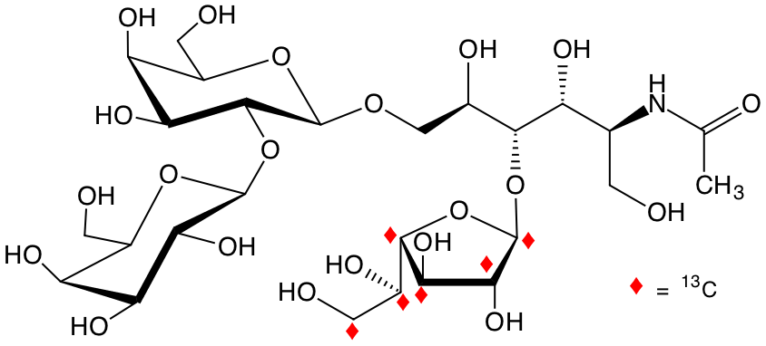 structure of Galp-b2-Galp-b6-(U-13C6-Galf-b4)-GlcNAcitol structure of Galp-b2-Galp-b6-(U-13C6-Galf-b4)-GlcNAcitol